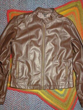 Y2K Brown Faux Leather Moto Jacket, Unisex, Size M